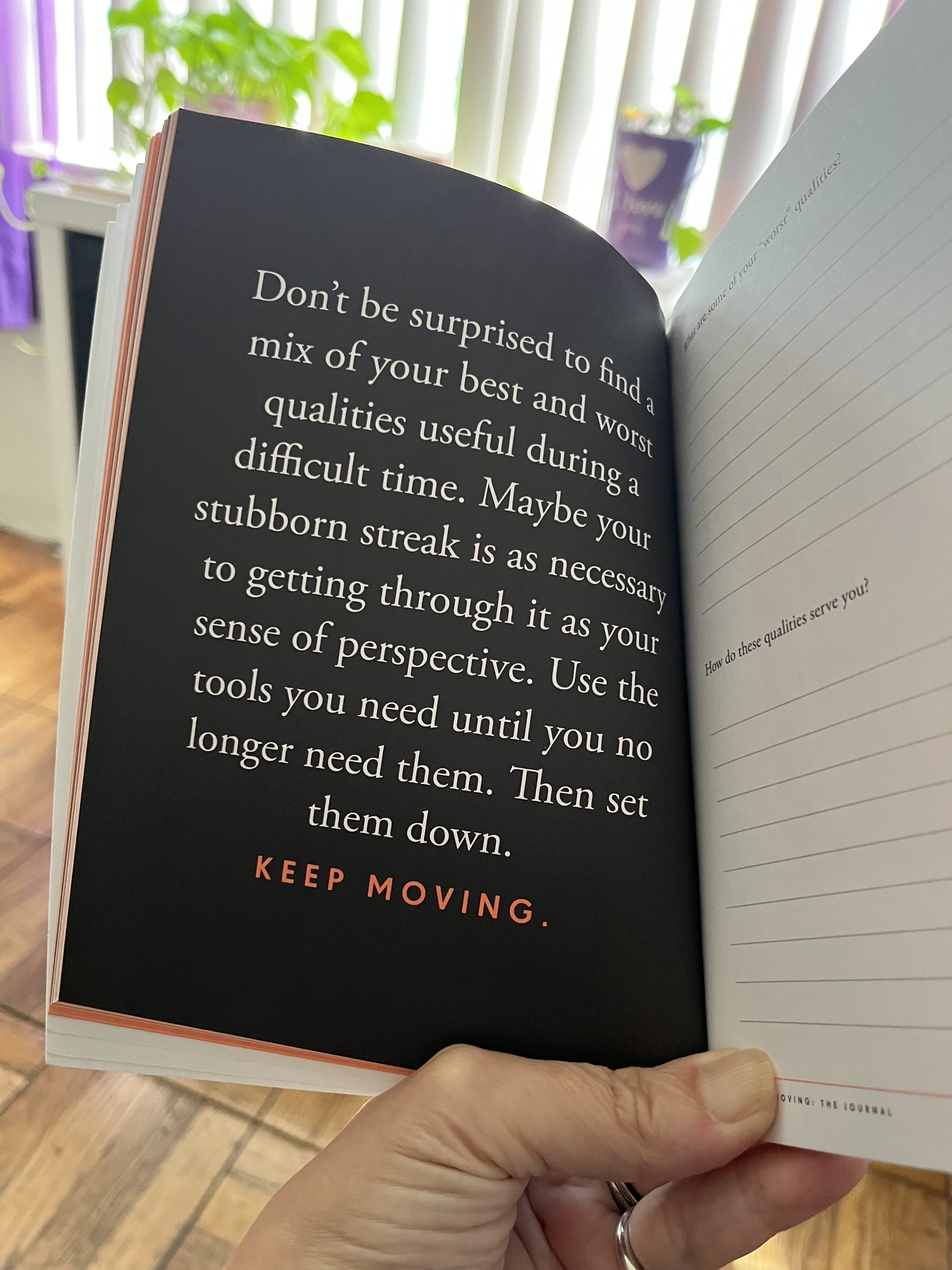 Black page with white letters, ending with orange letters and the words "Keep Moving."