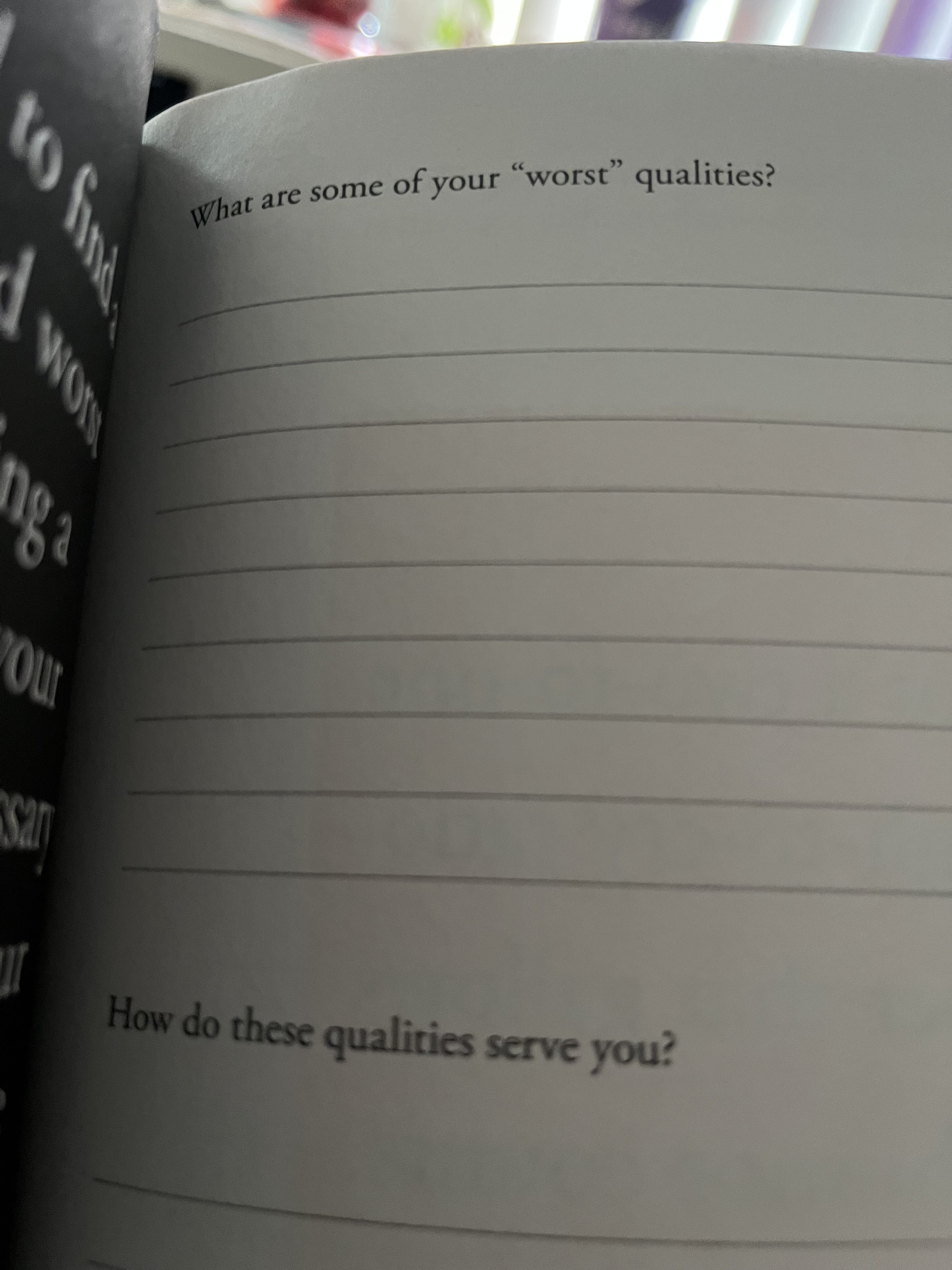 One paper with black letters with the writing prompt: What are some of your 'worst' qualities?